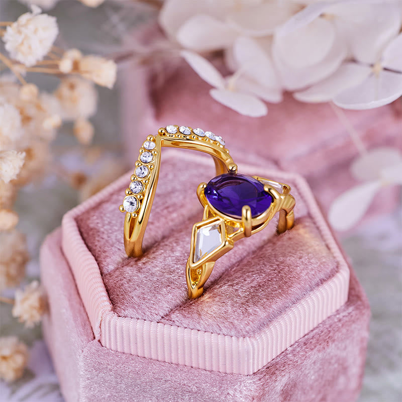 Olivenorma Lot de 2 bagues ovales en améthyste et zircon blanc