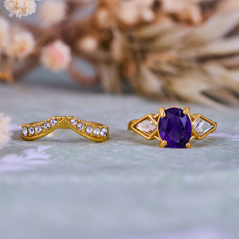 Olivenorma Lot de 2 bagues ovales en améthyste et zircon blanc