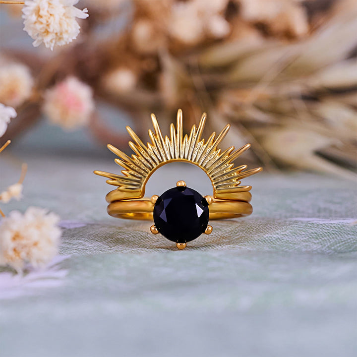 Ensemble de bagues Olivenorma en obsidienne et motif rayons de soleil