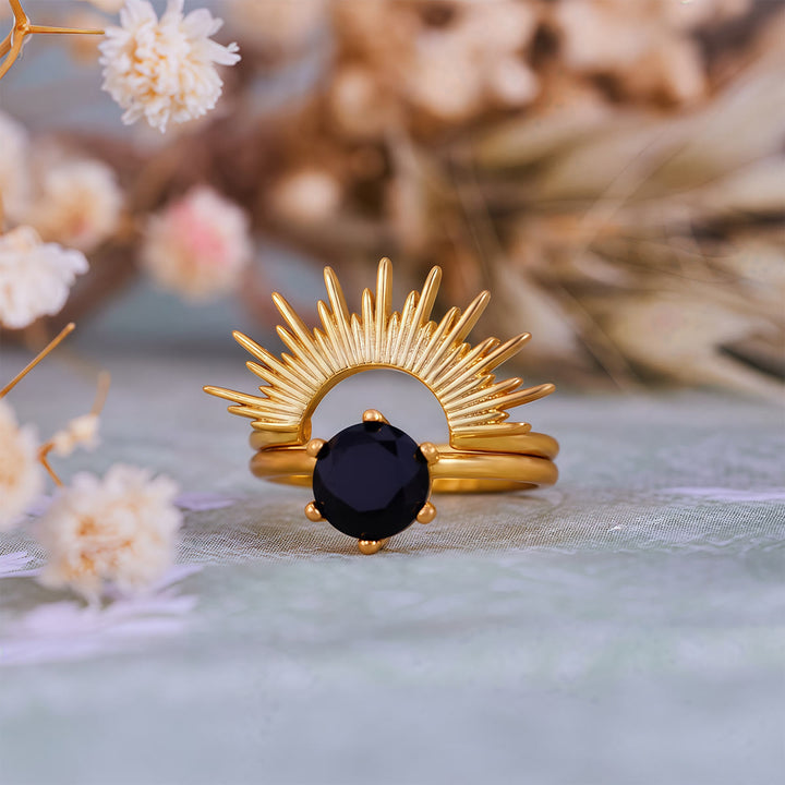 Ensemble de bagues Olivenorma en obsidienne et motif rayons de soleil