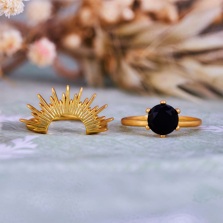 Ensemble de bagues Olivenorma en obsidienne et motif rayons de soleil
