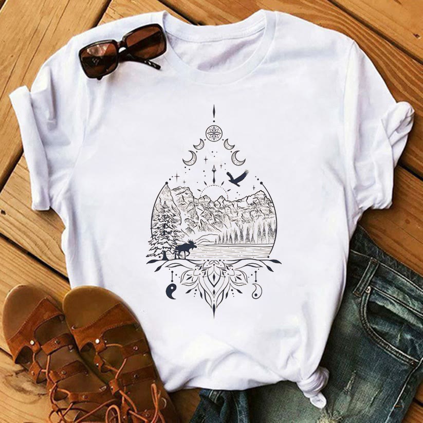T-shirts en coton inspirants Olivenorma Tree of Life - Phase de la lune, montagnes et rivières - 2XL - image 10