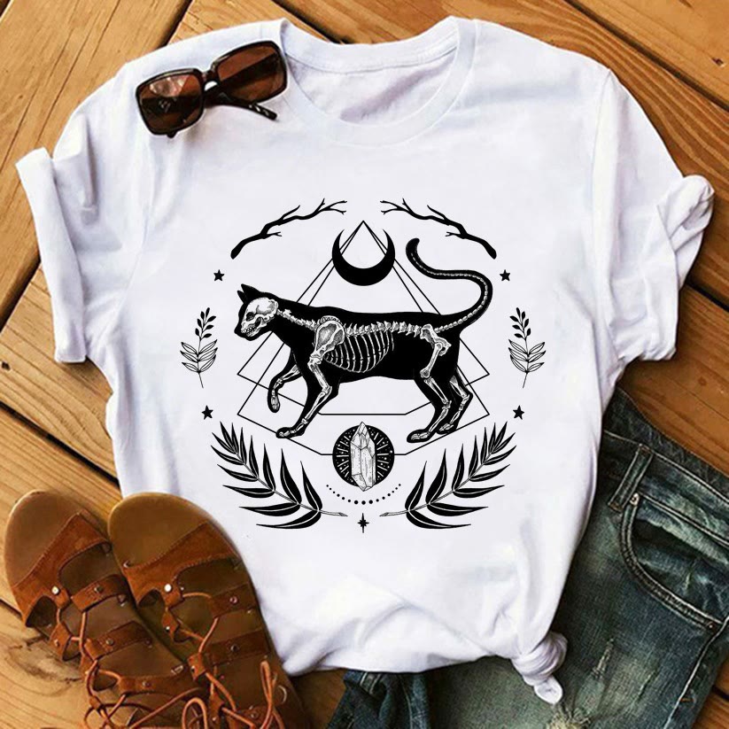 T-shirts en coton inspirants avec imprimé Tarot Olivenorma - Squelette de chat - 2XL - image 8