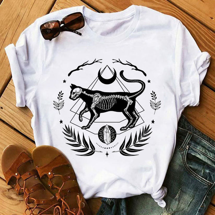 T-shirts en coton inspirants avec imprimé Tarot Olivenorma - Squelette de chat - 2XL - image 8