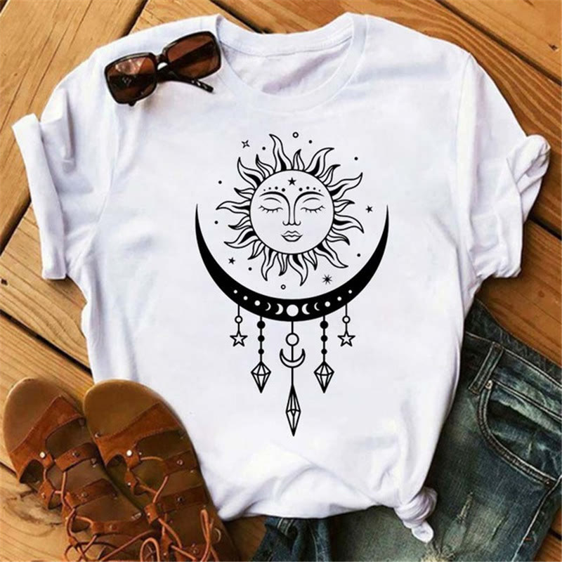 T-shirt en polyester imprimé papillon et lune Olivenorma