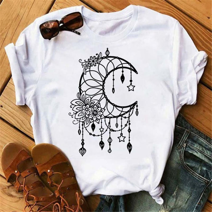 T-shirt en polyester imprimé papillon et lune Olivenorma