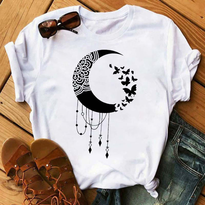 T-shirt en polyester imprimé papillon et lune Olivenorma