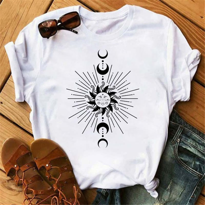 T-shirt en polyester Olivenorma imprimé lune, chat noir et lotus
