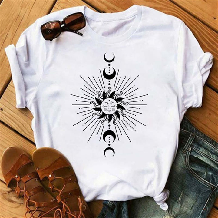 T-shirt en polyester Olivenorma imprimé lune, chat noir et lotus