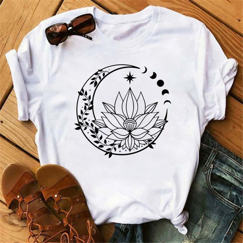 T-shirt en polyester Olivenorma imprimé lune, chat noir et lotus