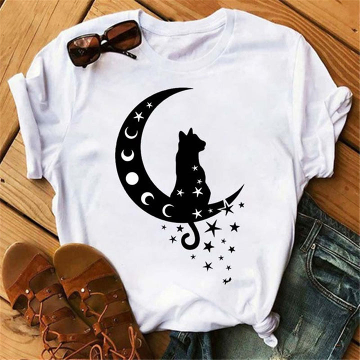 T-shirt en polyester Olivenorma imprimé lune, chat noir et lotus