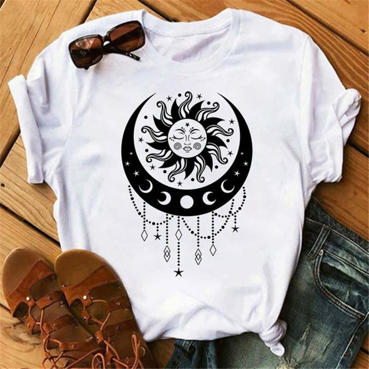 T-shirt en polyester Olivenorma imprimé lune, chat noir et lotus