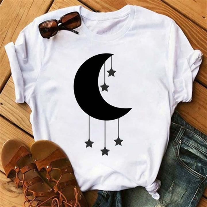 T-shirt en polyester Olivenorma imprimé lune, chat noir et lotus