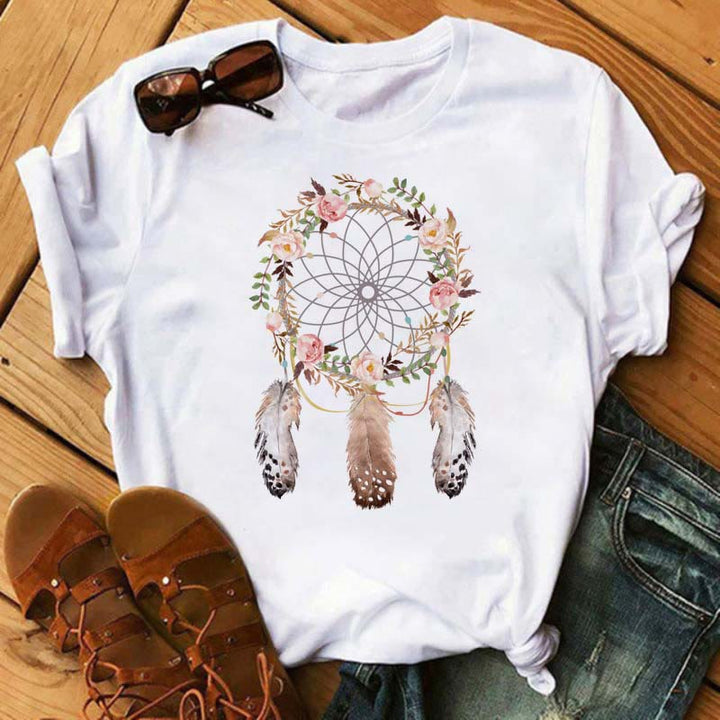 T-shirt imprimé attrape-rêves en coton Olivenorma - Attrape-rêves en plumes et fleurs - 2XL - image 0