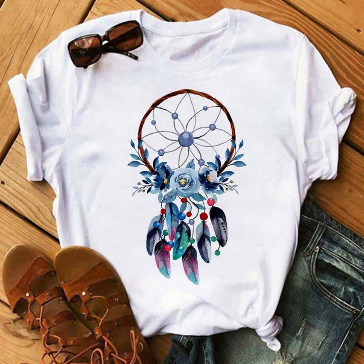 T-shirt en coton imprimé attrape-rêves arbre de vie Olivenorma - Attrape-rêves à fleurs bleues - 2XL - image 8