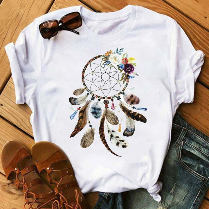 T-shirt en coton imprimé attrape-rêves arbre de vie Olivenorma - Attrape-rêves en plumes marron - 2XL - image 10