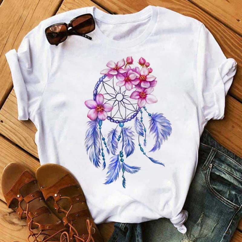 T-shirt en coton imprimé attrape-rêves arbre de vie Olivenorma - Attrape-rêves à fleurs violettes et rouges - 2XL - image 2