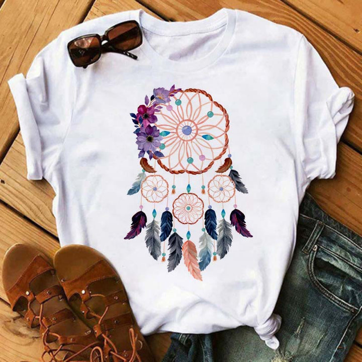T-shirt en coton imprimé attrape-rêves arbre de vie Olivenorma - Attrape-rêves à fleurs violettes - 2XL - image 6