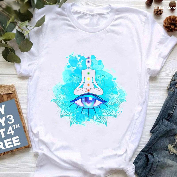 T-shirt imprimé OM avec Bouddha et méditation contre le mauvais œil Olivenorma