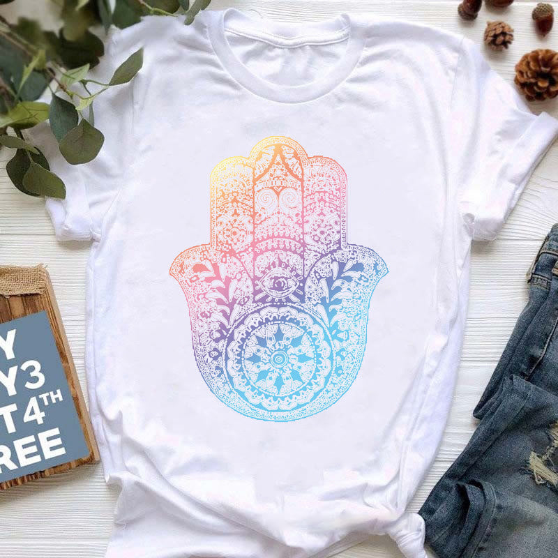 T-shirt imprimé coloré Olivenorma Bouddha Yoga Méditation - Hamsa bleu-rose - 2XL - image 7