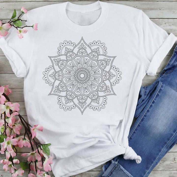 T-shirt en coton Olivenorma imprimé éléphant et lotus coloré - Lotus noir - 2XL - image 0