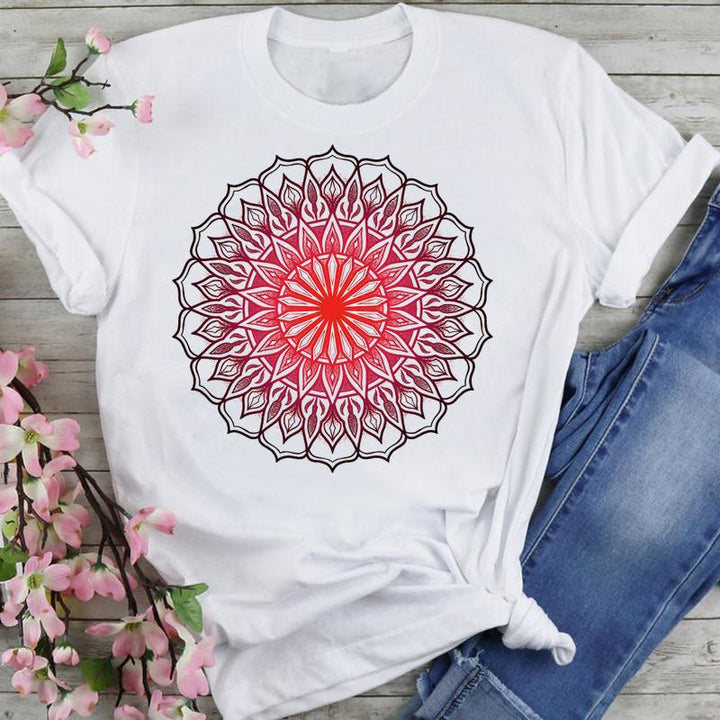 T-shirt en coton Olivenorma imprimé éléphant et lotus coloré - Lotus rouge - 2XL - image 7