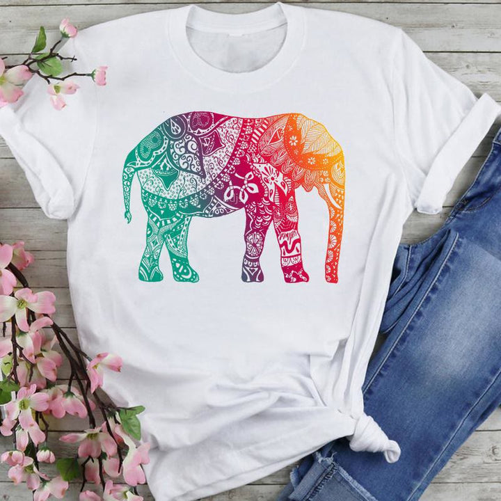 T-shirt en coton Olivenorma imprimé éléphant et lotus coloré - Éléphant de couleur - 2XL - image 18