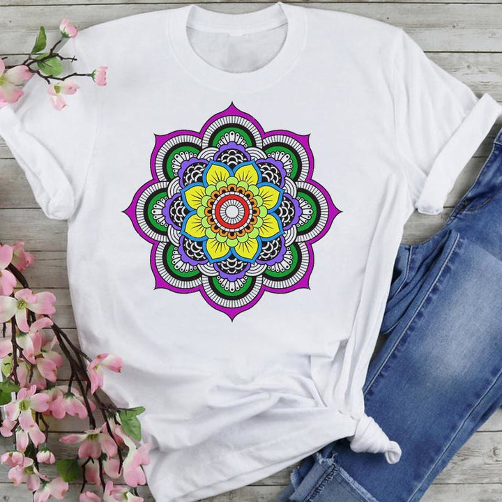 T-shirt en coton Olivenorma imprimé éléphant et lotus coloré - Lotus violet-vert - 2XL - image 14