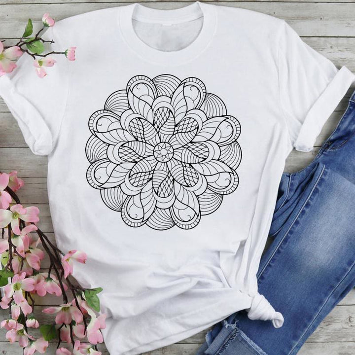 T-shirt en coton Olivenorma imprimé éléphant et lotus coloré - Lotus noir 2 - 2XL - image 3