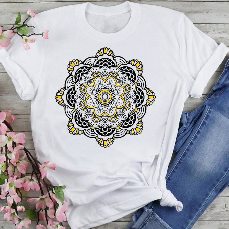T-shirt en coton Olivenorma imprimé éléphant et lotus coloré - Lotus jaune-noir - 2XL - image 17