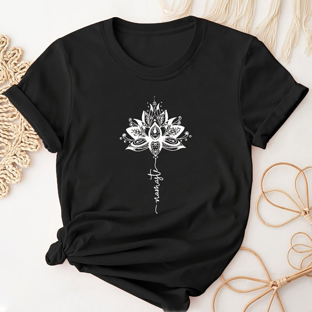T-shirt ras du cou à manches courtes et imprimé lotus et lettres Olivenorma