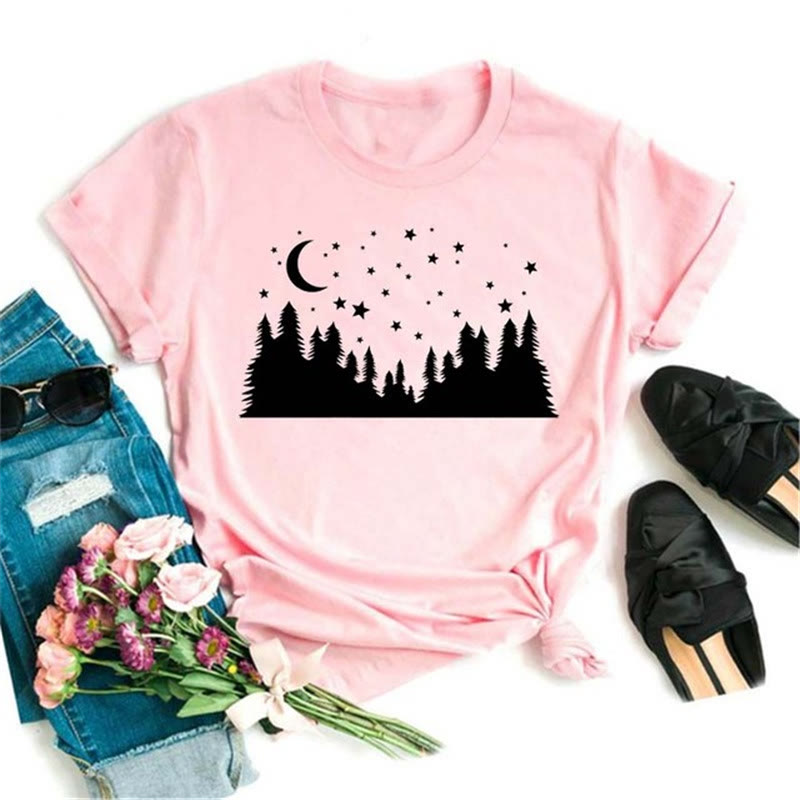 T-shirt rose imprimé lune et lotus noir en polyester Olivenorma