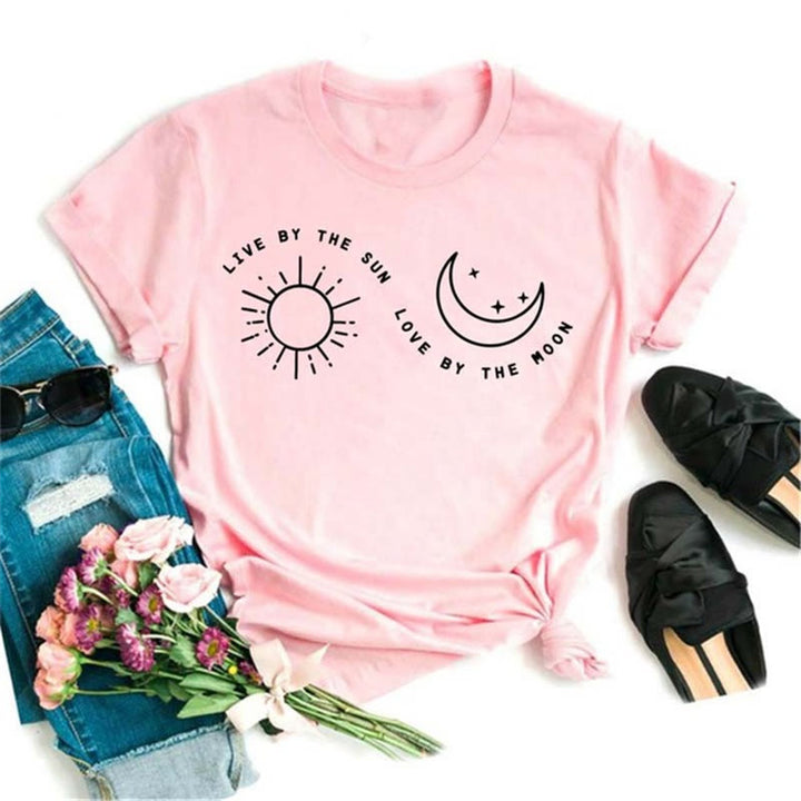 T-shirt rose imprimé lune et lotus noir en polyester Olivenorma