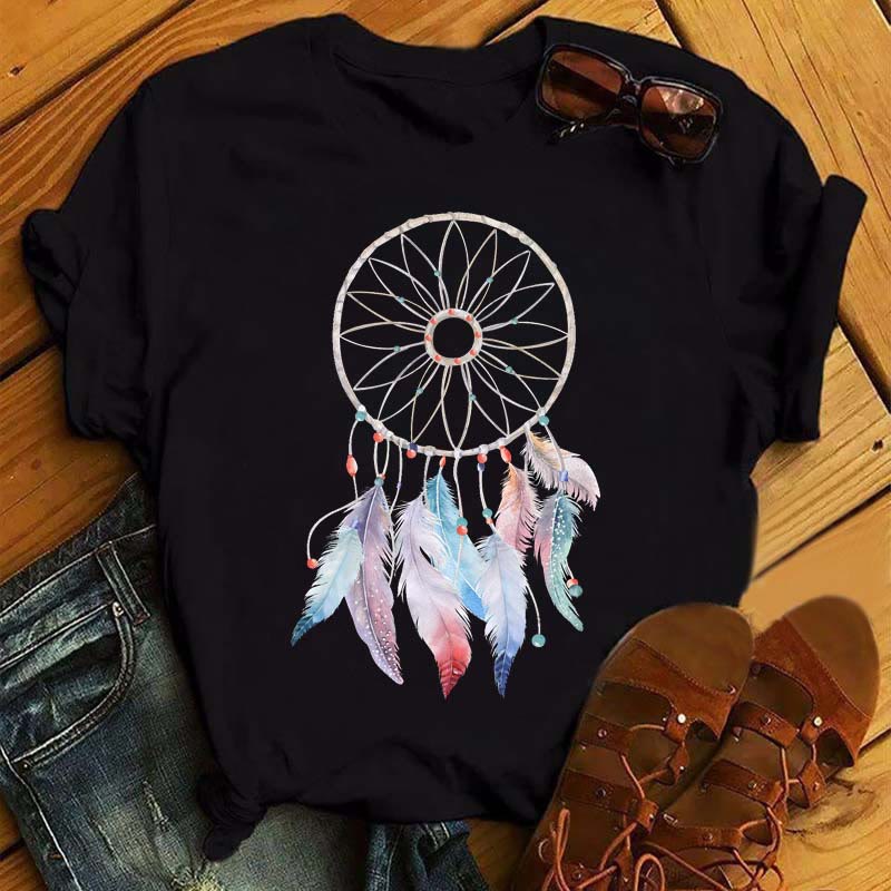 T-shirt noir imprimé attrape-rêves en coton Olivenorma