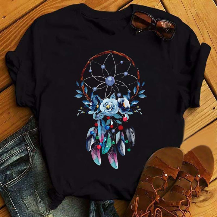 T-shirt noir imprimé attrape-rêves en coton Olivenorma - Attrape-rêves et roses bleues - 2XL - image 0