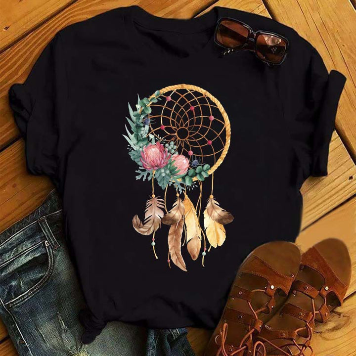 T-shirt noir imprimé attrape-rêves en coton Olivenorma - Attrape-rêves et plumes dorées - 2XL - image 5