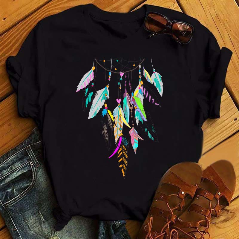 T-shirt noir imprimé attrape-rêves en coton Olivenorma
