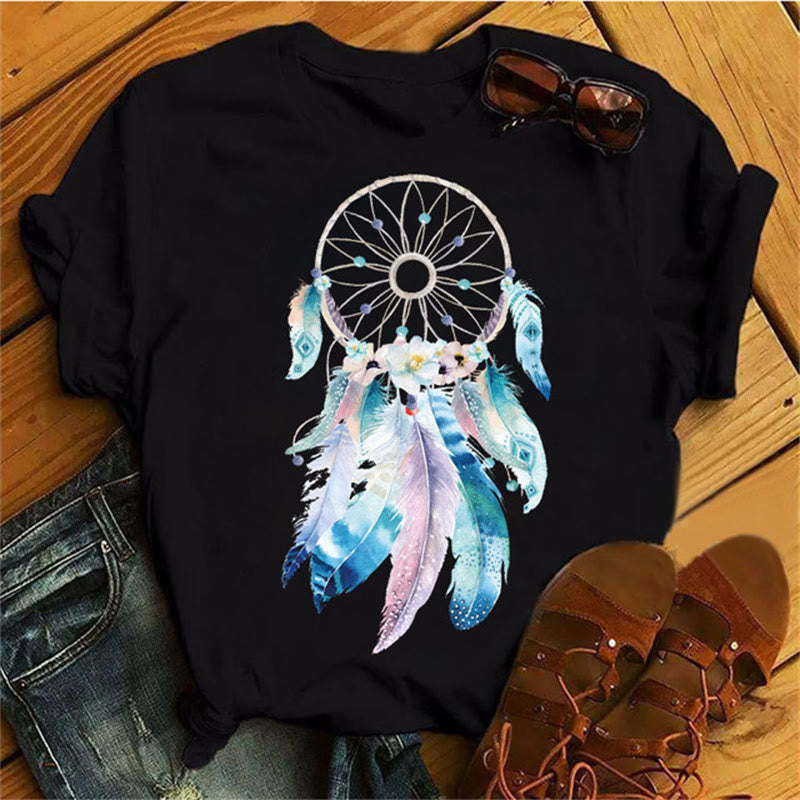 T-shirt noir imprimé attrape-rêves en coton Olivenorma - Attrape-rêves et plumes bleues - 2XL - image 2