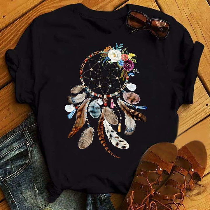T-shirt noir imprimé attrape-rêves en coton Olivenorma - Attrape-rêves et plumes de Bohème - 2XL - image 8