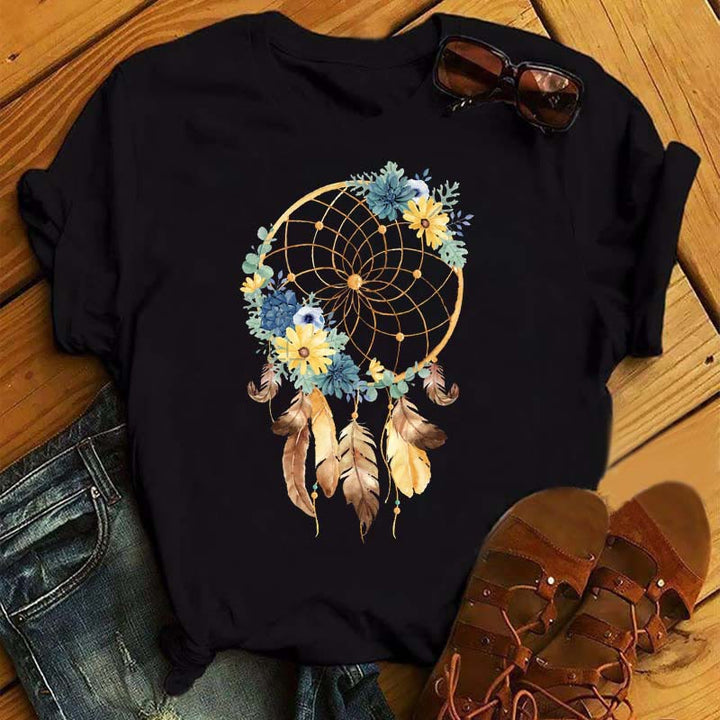 T-shirt noir imprimé attrape-rêves en coton Olivenorma - Attrape-rêves et plumes d'or 2 - 2XL - image 6
