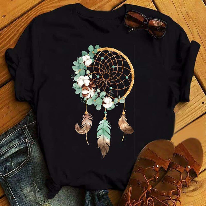 T-shirt noir imprimé attrape-rêves en coton Olivenorma - Attrape-rêves et plumes vert-brun - 2XL - image 7