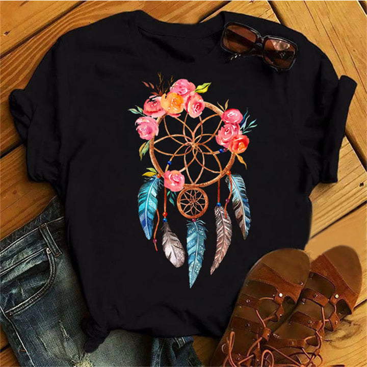 T-shirt noir imprimé attrape-rêves en coton Olivenorma - Attrape-rêves et fleurs rouges - 2XL - image 9