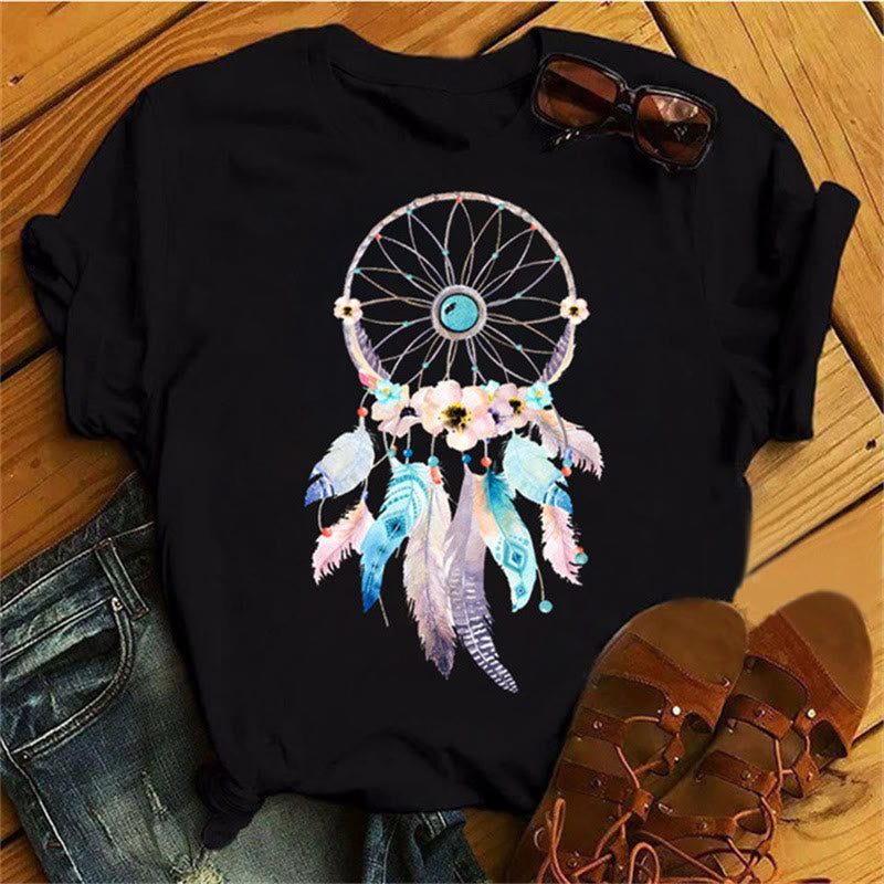 T-shirt noir imprimé attrape-rêves en coton Olivenorma