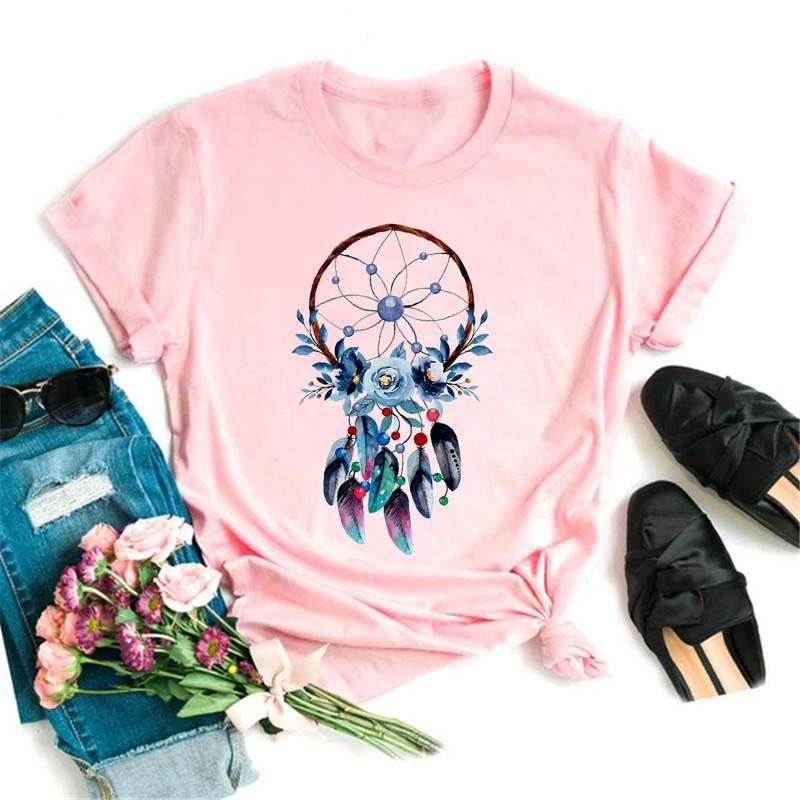 T-shirt rose imprimé attrape-rêves en modal Olivenorma - Attrape-rêves et rose bleue - 2XL - image 0