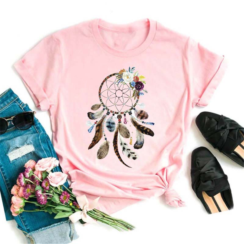 T-shirt rose imprimé attrape-rêves en modal Olivenorma - Attrape-rêves et plumes de Bohème - 2XL - image 3