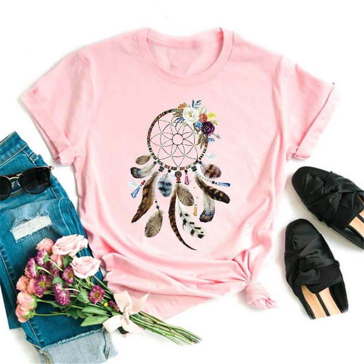 T-shirt rose imprimé attrape-rêves en modal Olivenorma - Attrape-rêves et plumes de Bohème - 2XL - image 3
