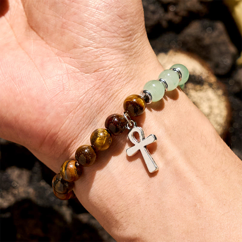 Bracelet pendentif croix en perles d'aventurine verte et œil de tigre Olivenorma