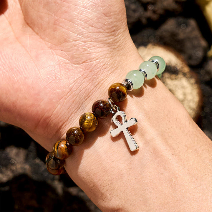 Bracelet pendentif croix en perles d'aventurine verte et œil de tigre Olivenorma