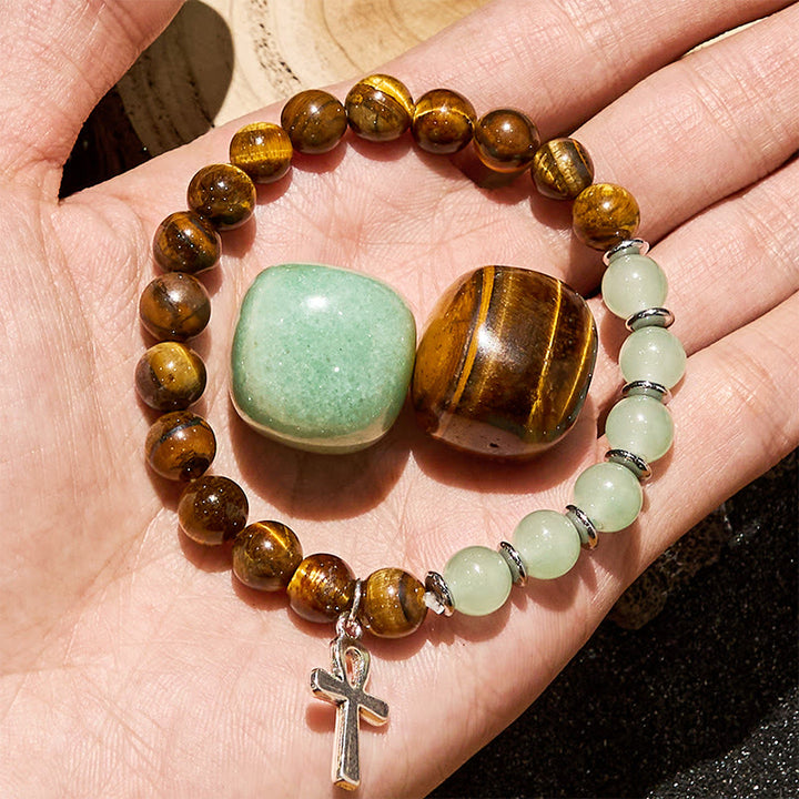 Bracelet pendentif croix en perles d'aventurine verte et œil de tigre Olivenorma
