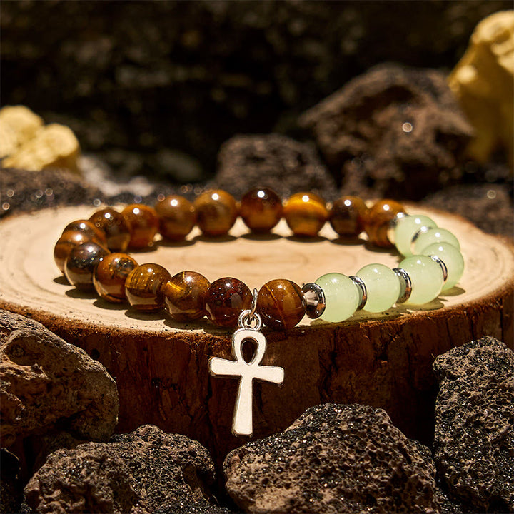 Bracelet pendentif croix en perles d'aventurine verte et œil de tigre Olivenorma